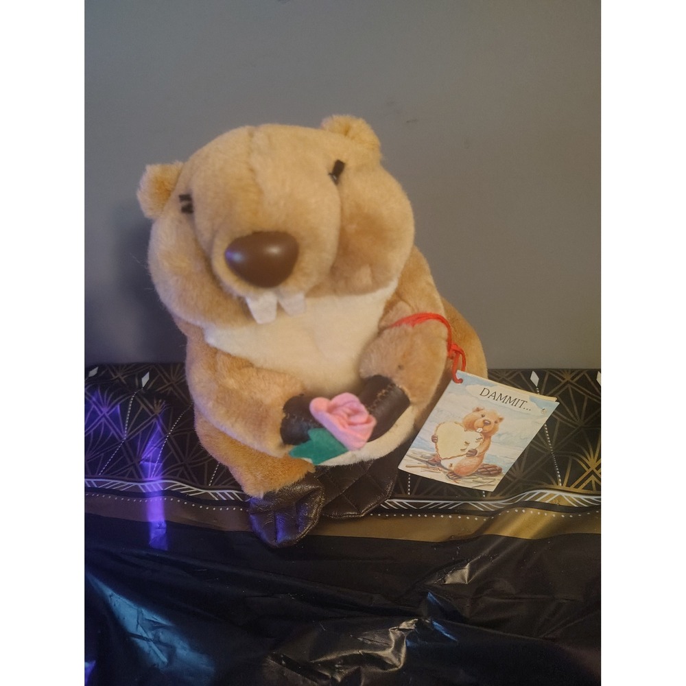 Vintage Russ Berrie Buck Beaver Plush Stuffed Animal Pink Rose Dammit Tag 1836